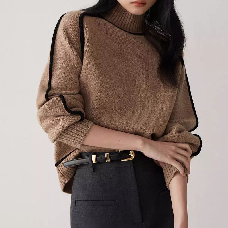 High Neck Contrast Line Knitted Sweater - INTOHYPEZONE