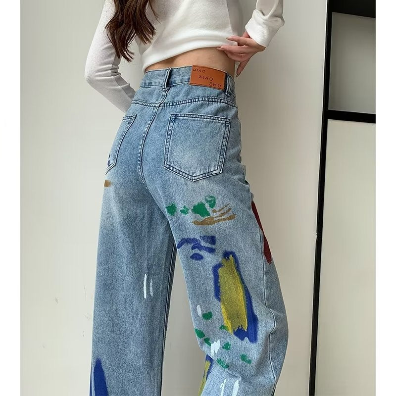 High Waist Print Straight Jeans Pants - INTOHYPEZONE