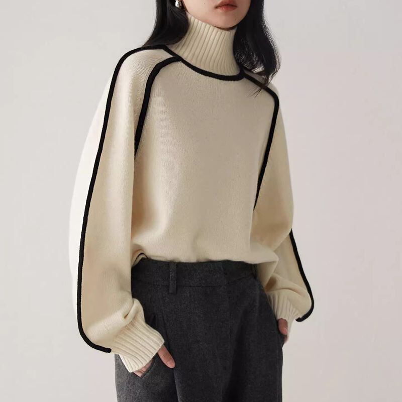 High Neck Contrast Line Knitted Sweater - INTOHYPEZONE