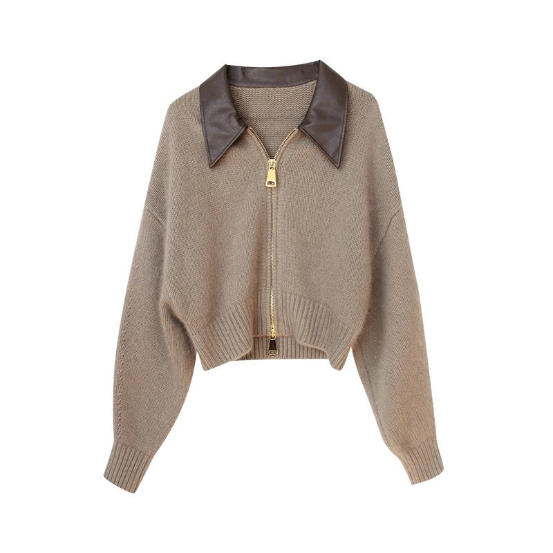 Simple Solid Lapel Zip-up Sweater - INTOHYPEZONE