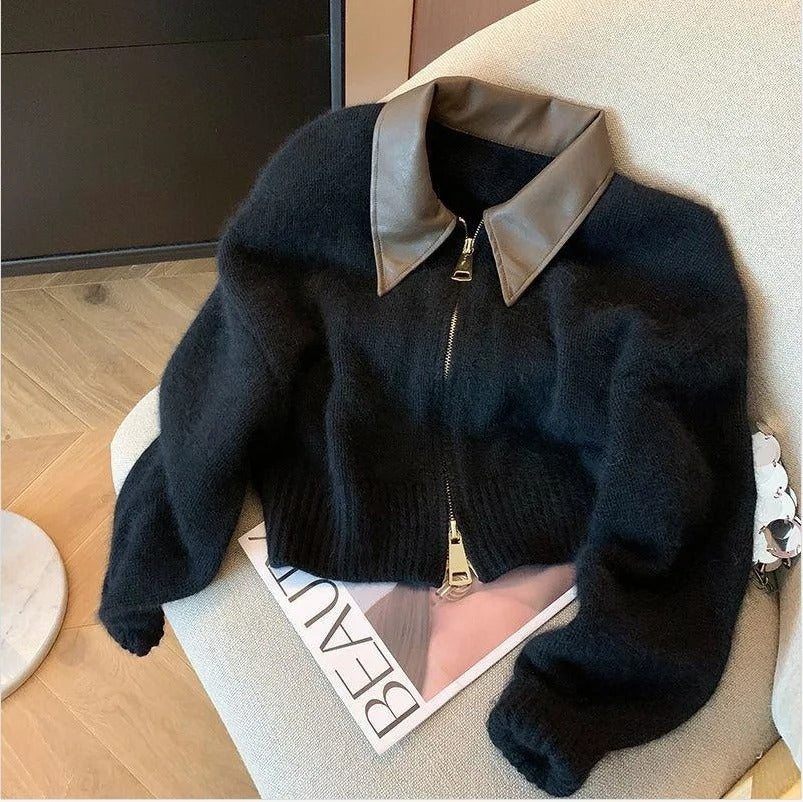 Simple Solid Lapel Zip-up Sweater - INTOHYPEZONE