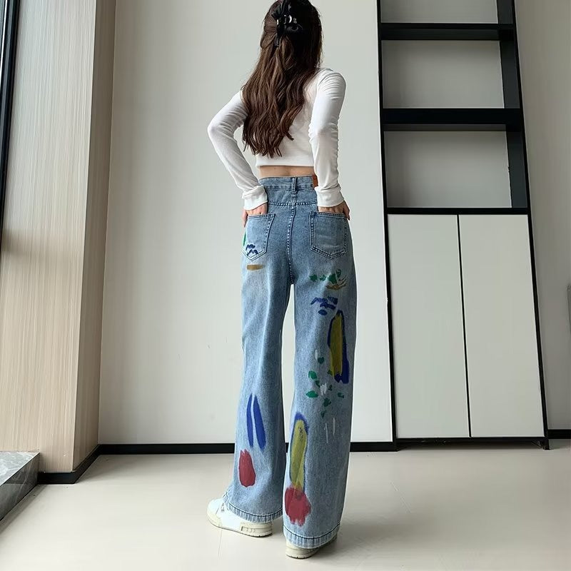 High Waist Print Straight Jeans Pants - INTOHYPEZONE