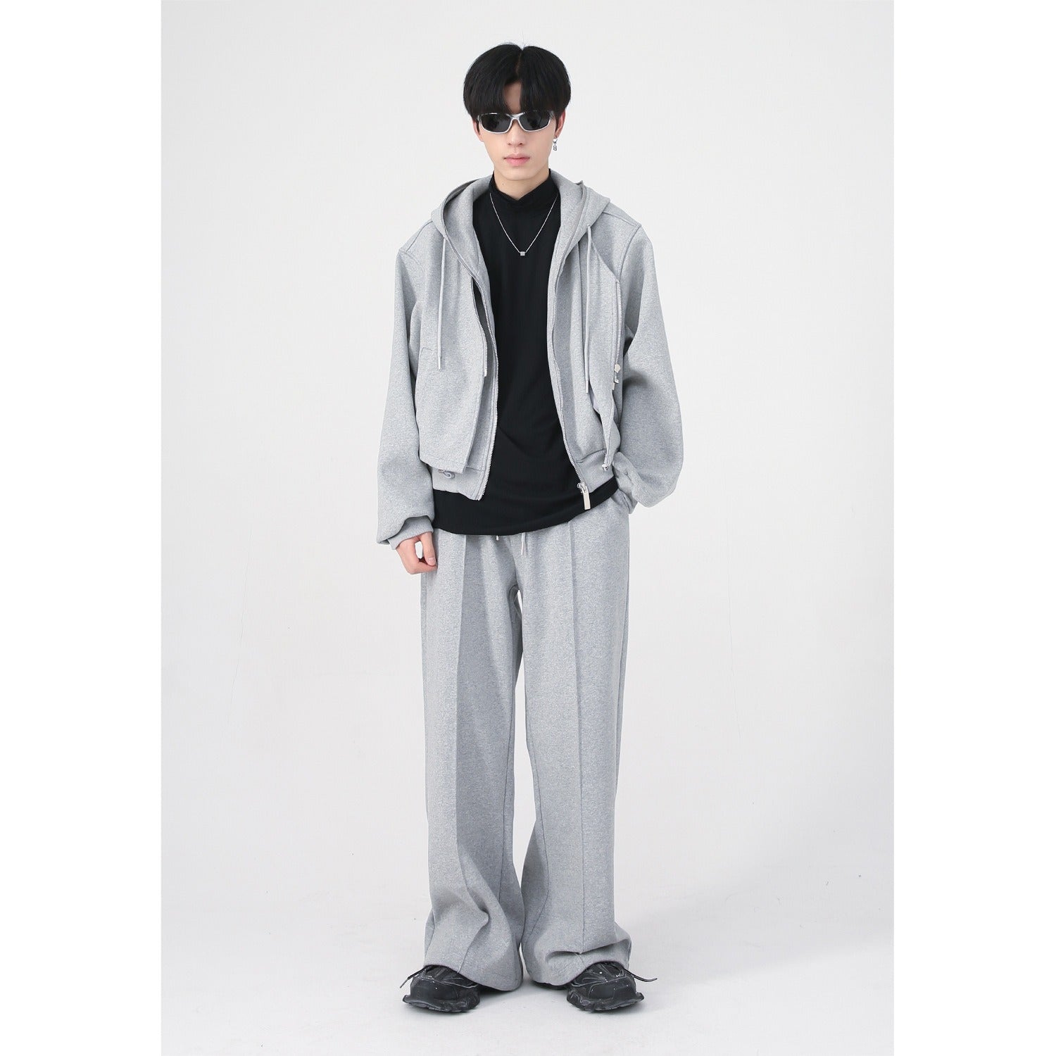 Two-Piece Plain Zip Up Hoodie Wide Leg Pants - INTOHYPEZONE