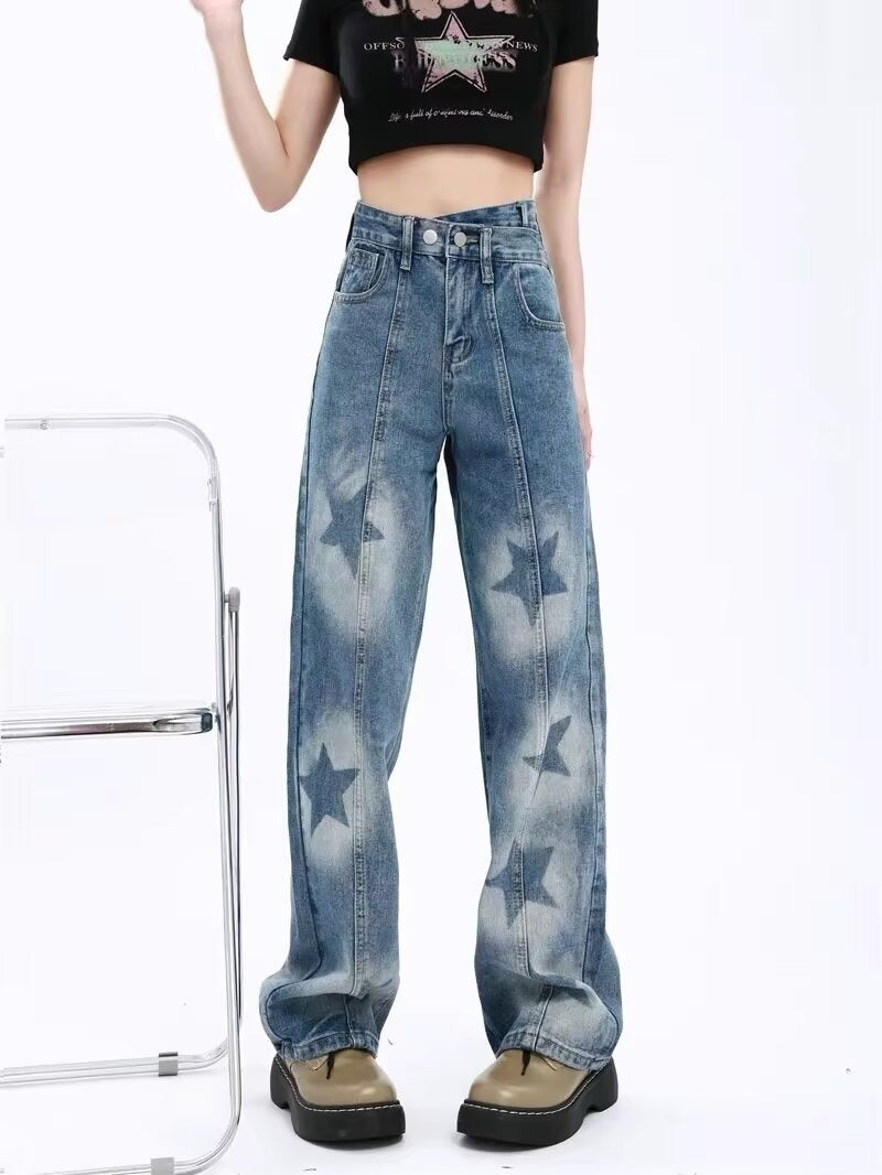 High Waist Star Print Denim Pants - INTOYPEZONE