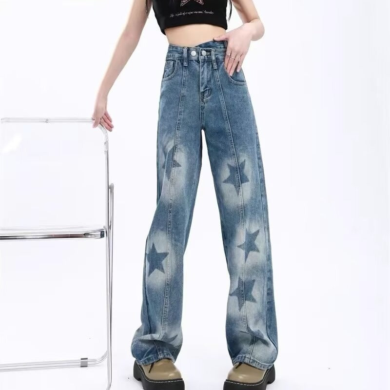 High Waist Star Print Denim Pants - INTOYPEZONE