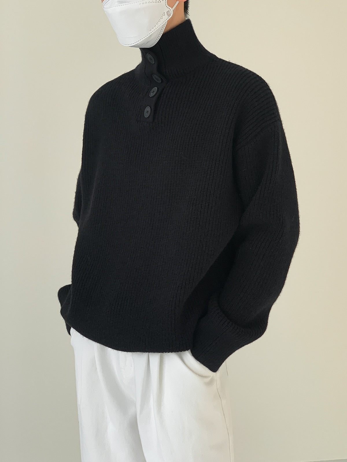 Button Turtleneck Pullover Sweater - INTOHYPEZONE