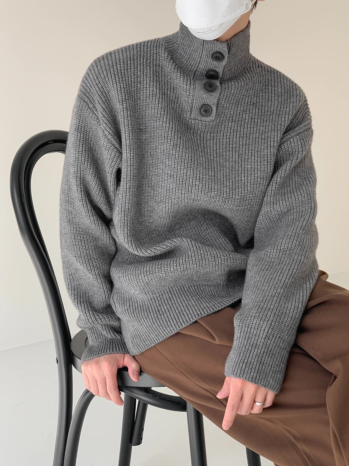 Button Turtleneck Pullover Sweater - INTOHYPEZONE