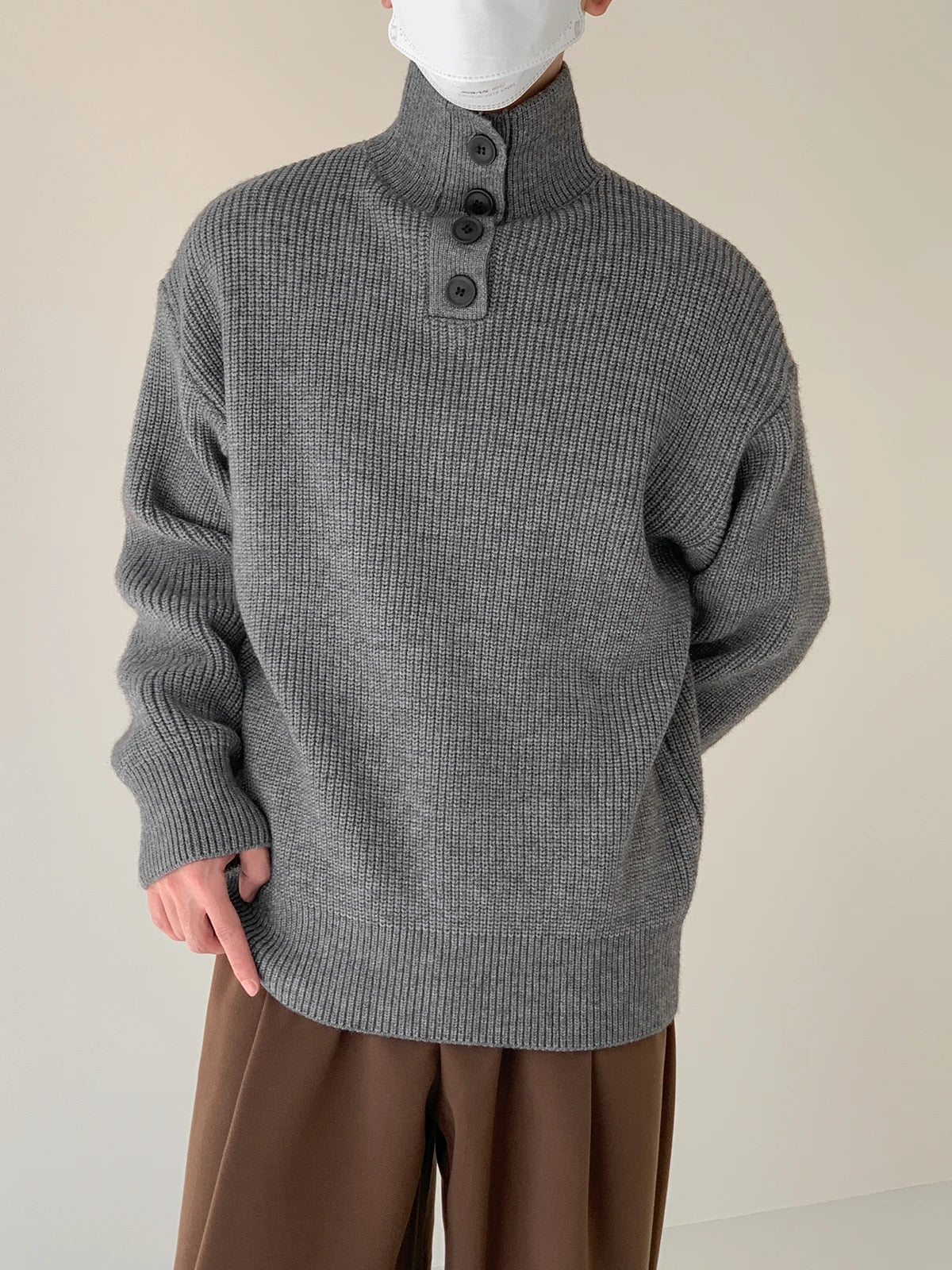 Button Turtleneck Pullover Sweater - INTOHYPEZONE