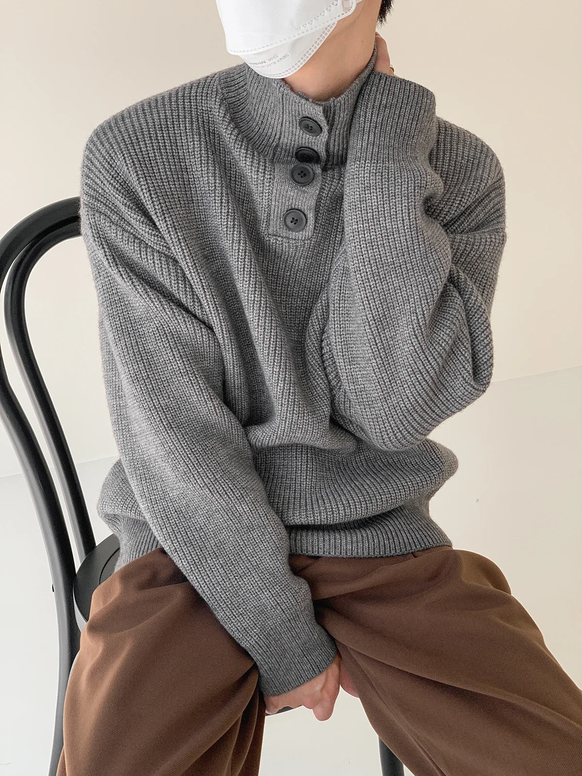 Button Turtleneck Pullover Sweater - INTOHYPEZONE