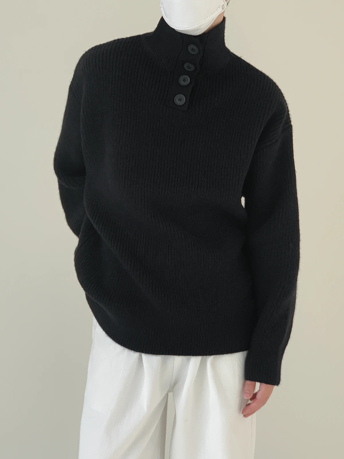 Button Turtleneck Pullover Sweater - INTOHYPEZONE