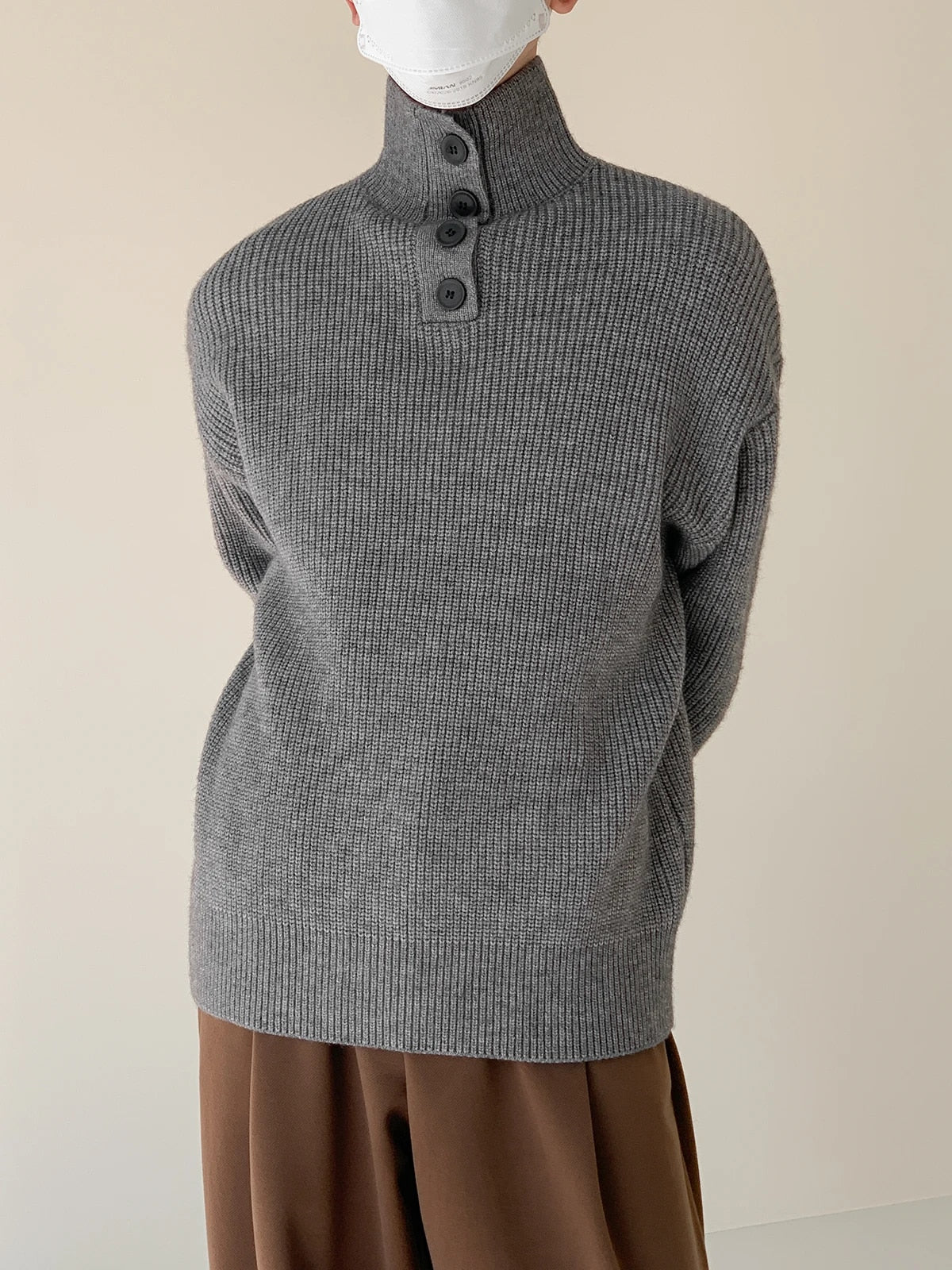 Button Turtleneck Pullover Sweater - INTOHYPEZONE