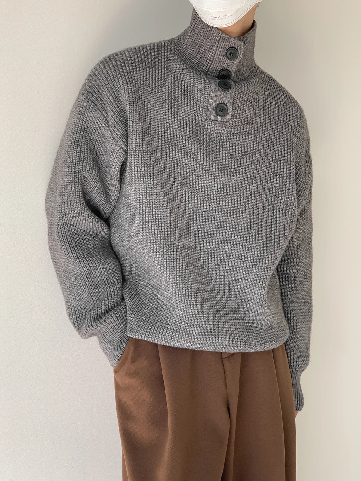 Button Turtleneck Pullover Sweater - INTOHYPEZONE