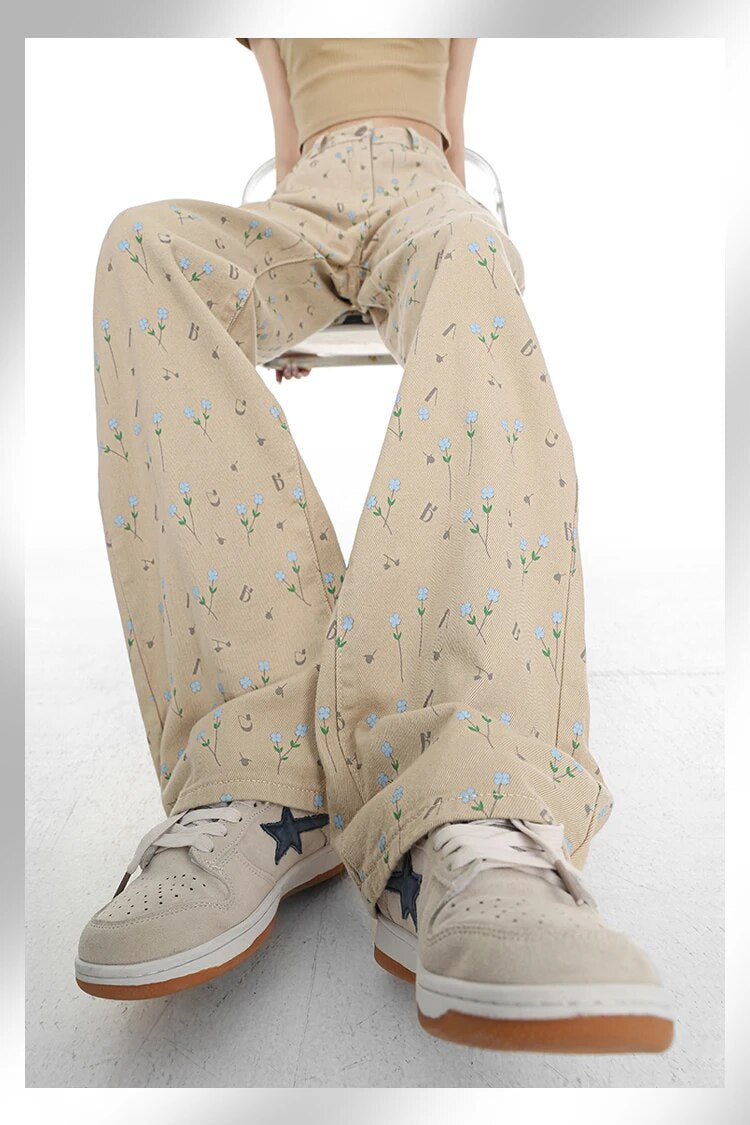 Floral Print Straight Jean Pants - INTOHYPEZONE