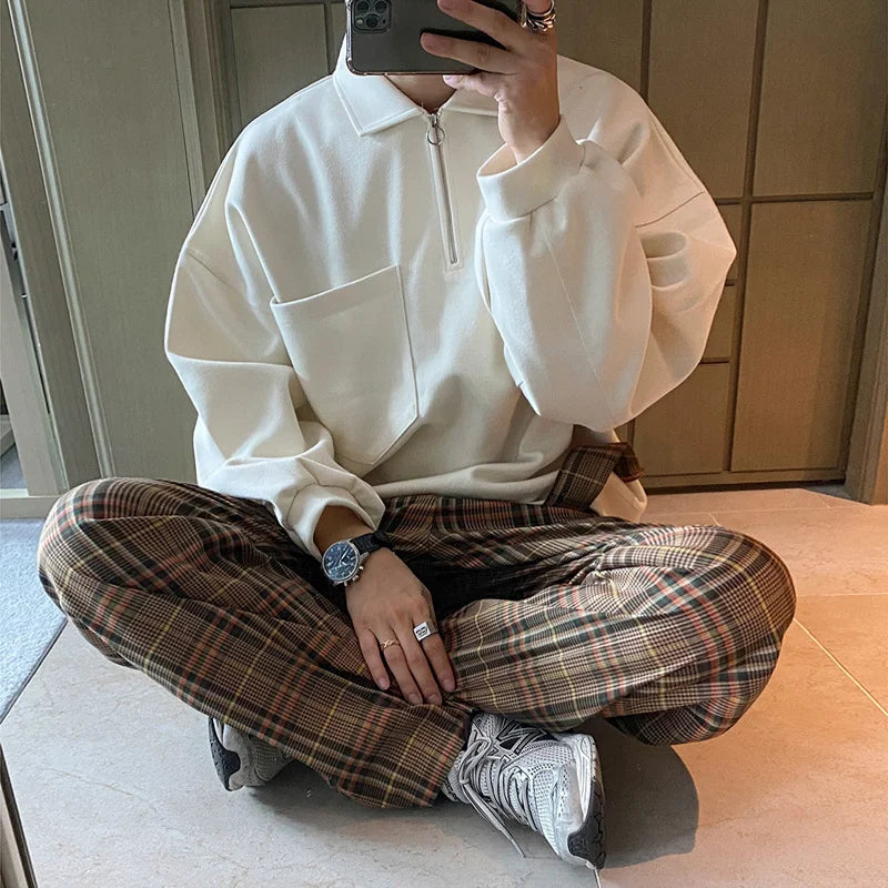 Lapel Oversized Long Sleeve Sweatshirt - INTOHYPEZONE