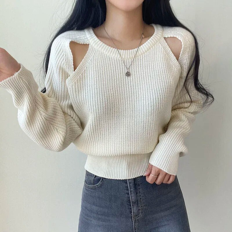 Hollow Out Knitted Long Sleeve Sweater - INTOHYPEZONE