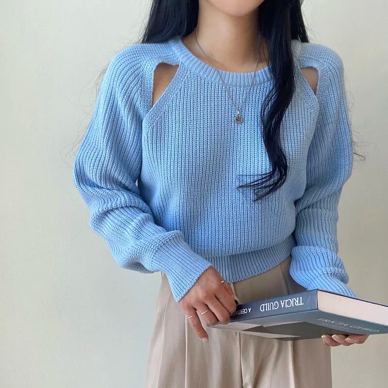 Hollow Out Knitted Long Sleeve Sweater - INTOHYPEZONE
