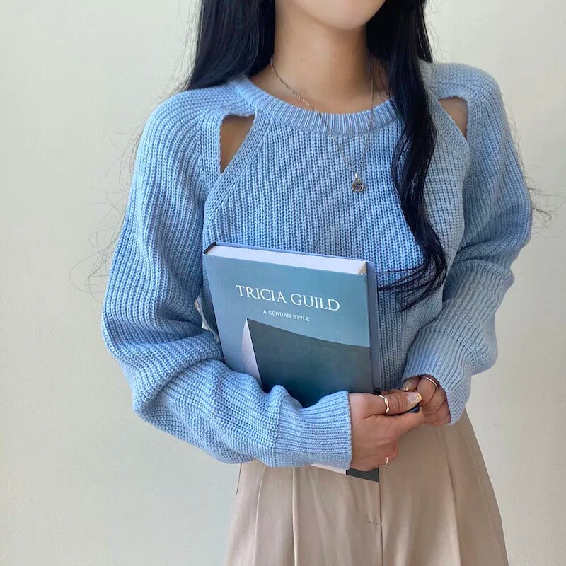 Hollow Out Knitted Long Sleeve Sweater - INTOHYPEZONE