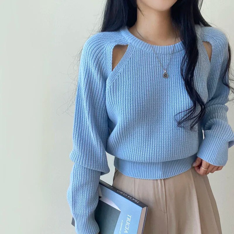 Hollow Out Knitted Long Sleeve Sweater - INTOHYPEZONE