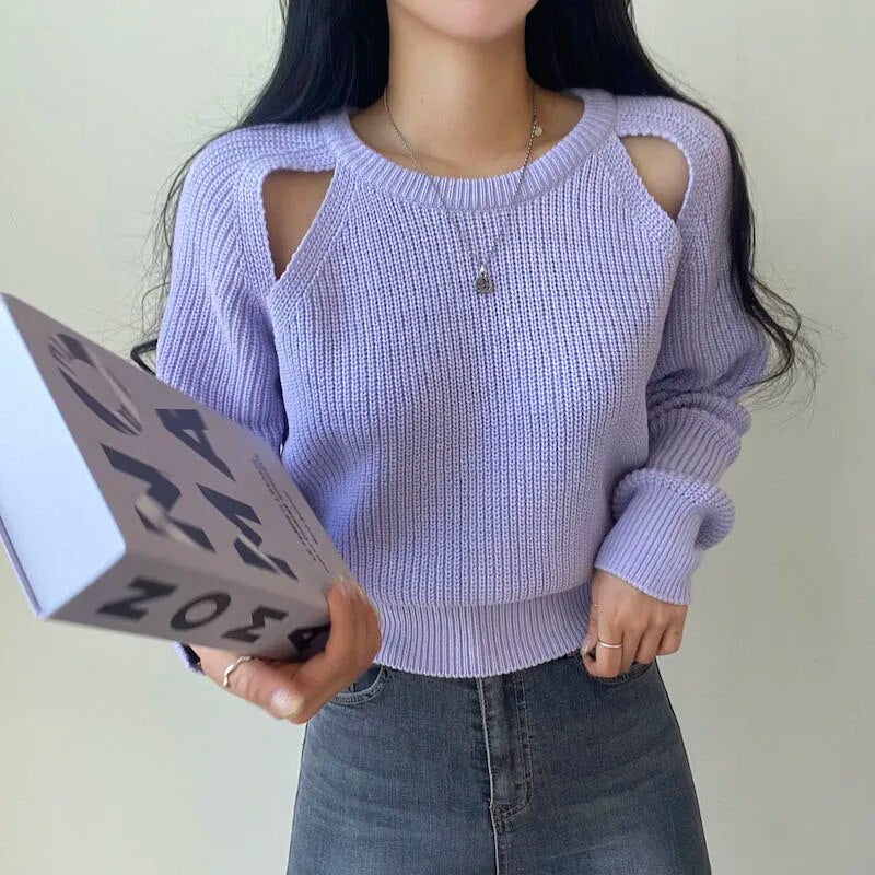Hollow Out Knitted Long Sleeve Sweater - INTOHYPEZONE