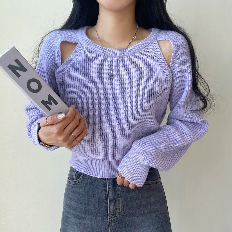 Hollow Out Knitted Long Sleeve Sweater - INTOHYPEZONE