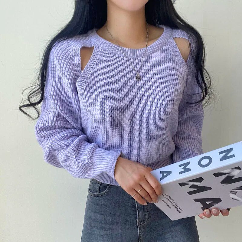 Hollow Out Knitted Long Sleeve Sweater - INTOHYPEZONE
