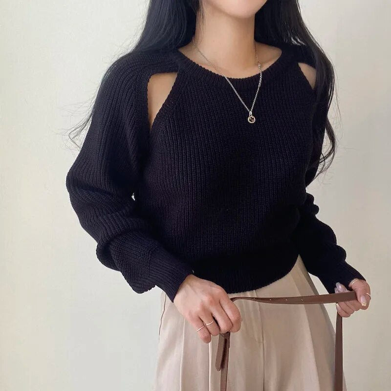 Hollow Out Knitted Long Sleeve Sweater - INTOHYPEZONE