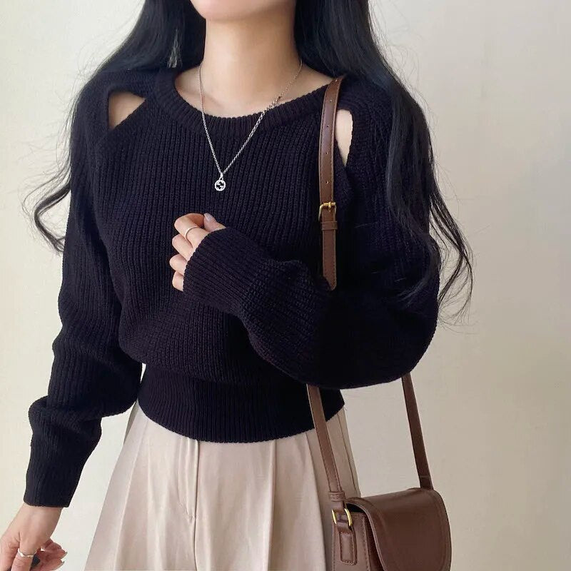 Hollow Out Knitted Long Sleeve Sweater - INTOHYPEZONE