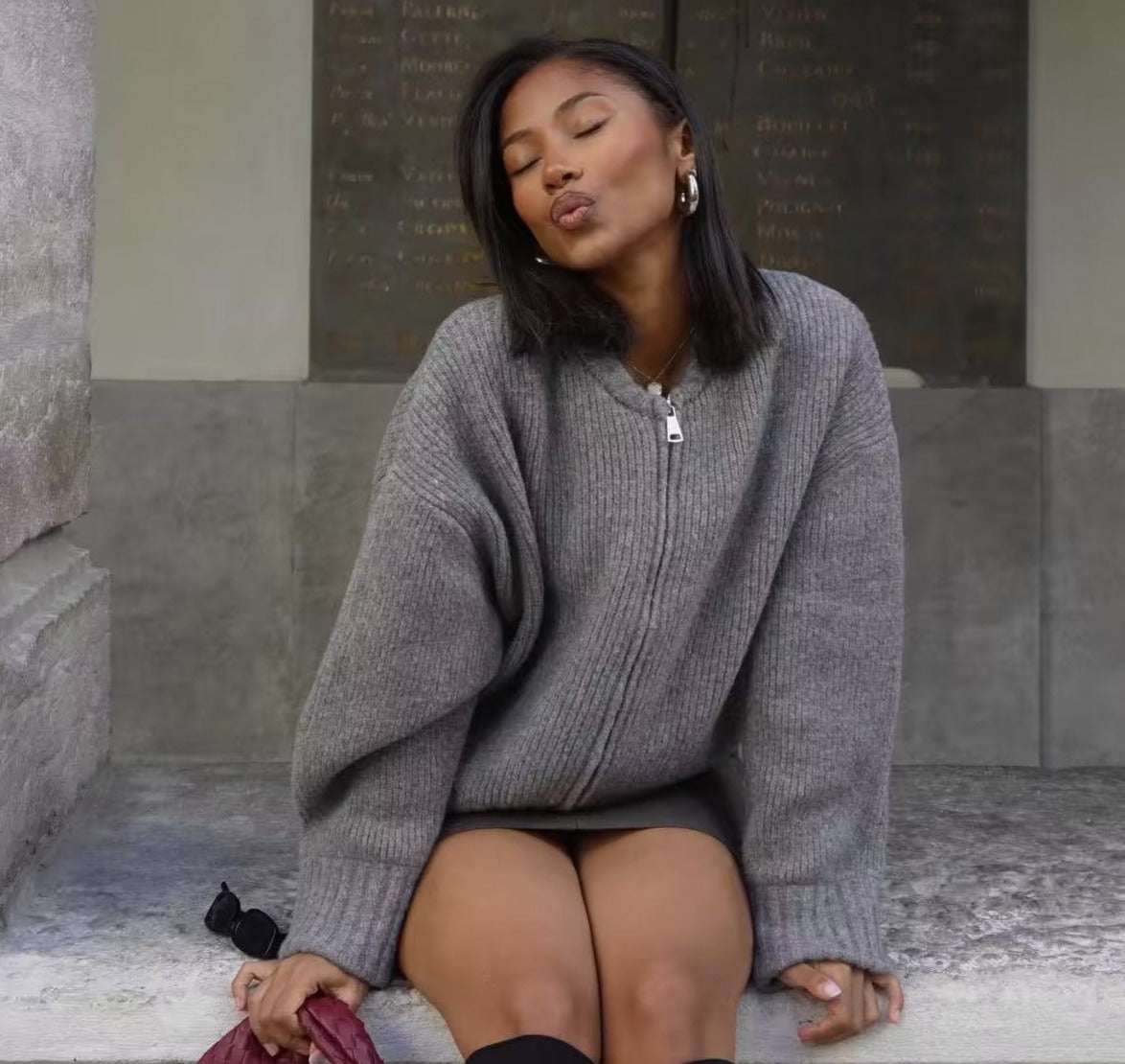 Knit Gray Long Sleeve Full Zip Sweater - INTOHYPEZONE