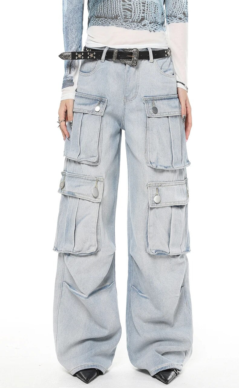 Light Blue Cargo Denim Jeans - INTOHYPEZONE