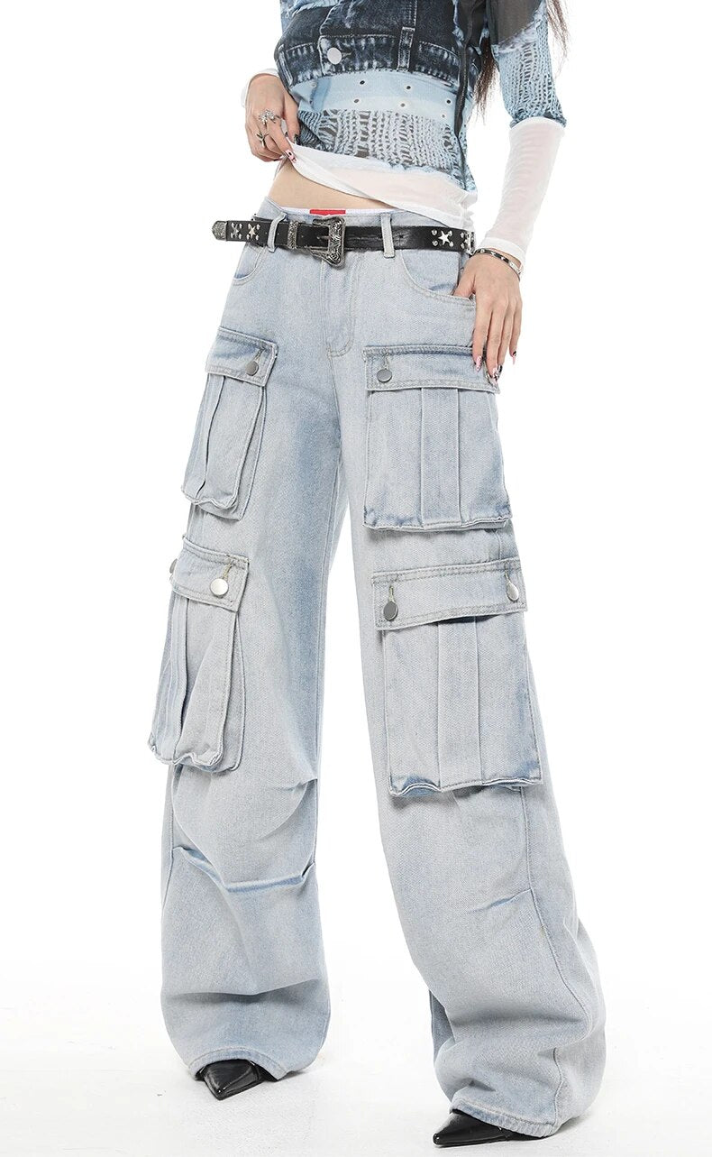 Light Blue Cargo Denim Jeans - INTOHYPEZONE