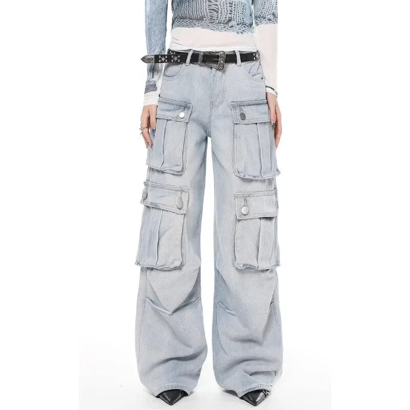 Light Blue Cargo Denim Jeans - INTOHYPEZONE
