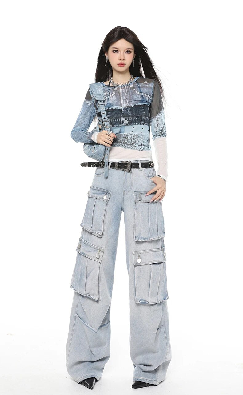 Light Blue Cargo Denim Jeans - INTOHYPEZONE