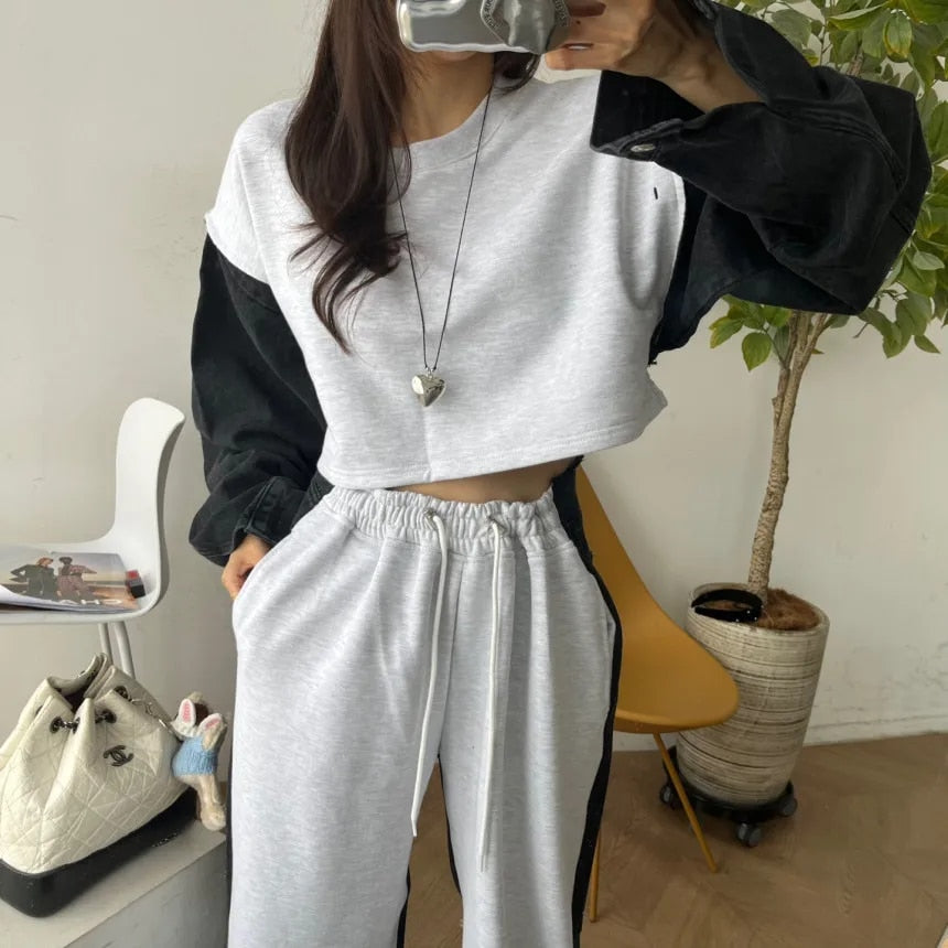 Long Sleeve Denim Patchwork Sweatshirts - INTOHYPEZONE