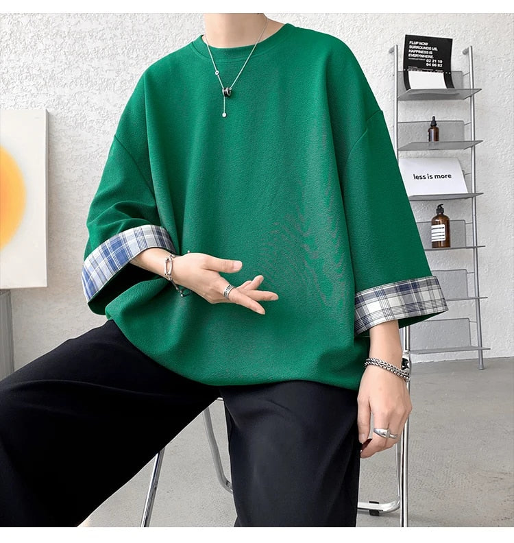 Loose Plaid Seven Sleeves T-Shirt - INTOHYPEZONE