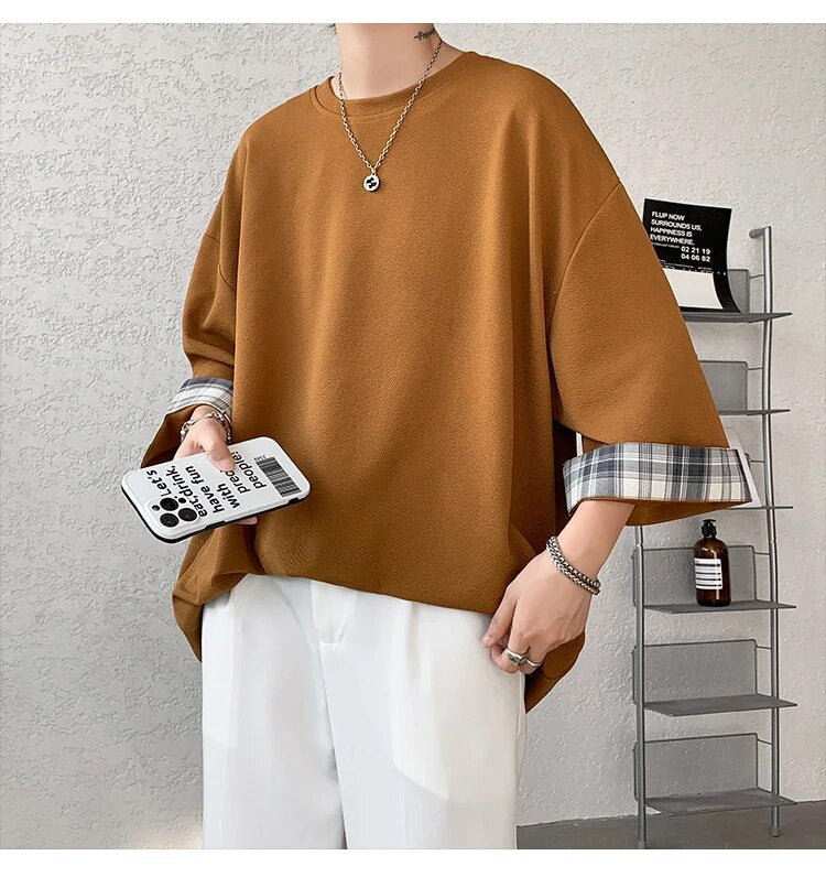 Loose Plaid Seven Sleeves T-Shirt - INTOHYPEZONE