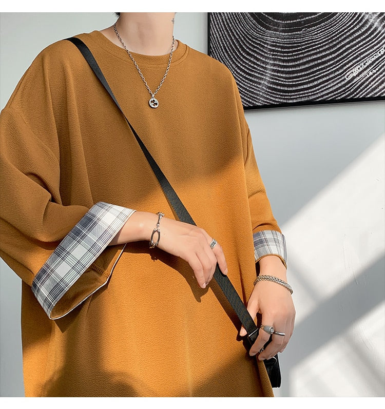 Loose Plaid Seven Sleeves T-Shirt - INTOHYPEZONE