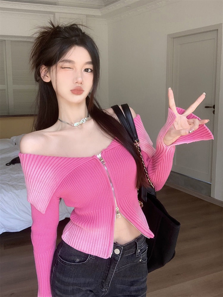 Off Shoulder Zip up Knitted Top - INTOHYPEZONE