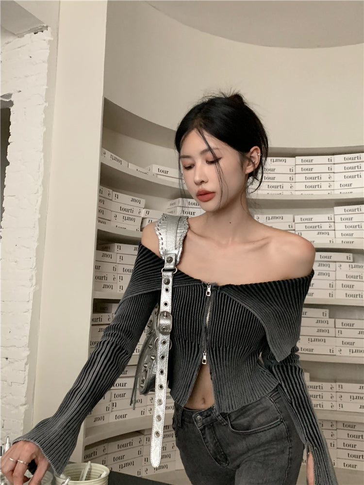 Off Shoulder Zip up Knitted Top - INTOHYPEZONE
