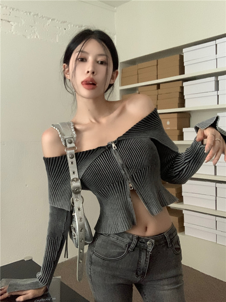 Off Shoulder Zip up Knitted Top - INTOHYPEZONE