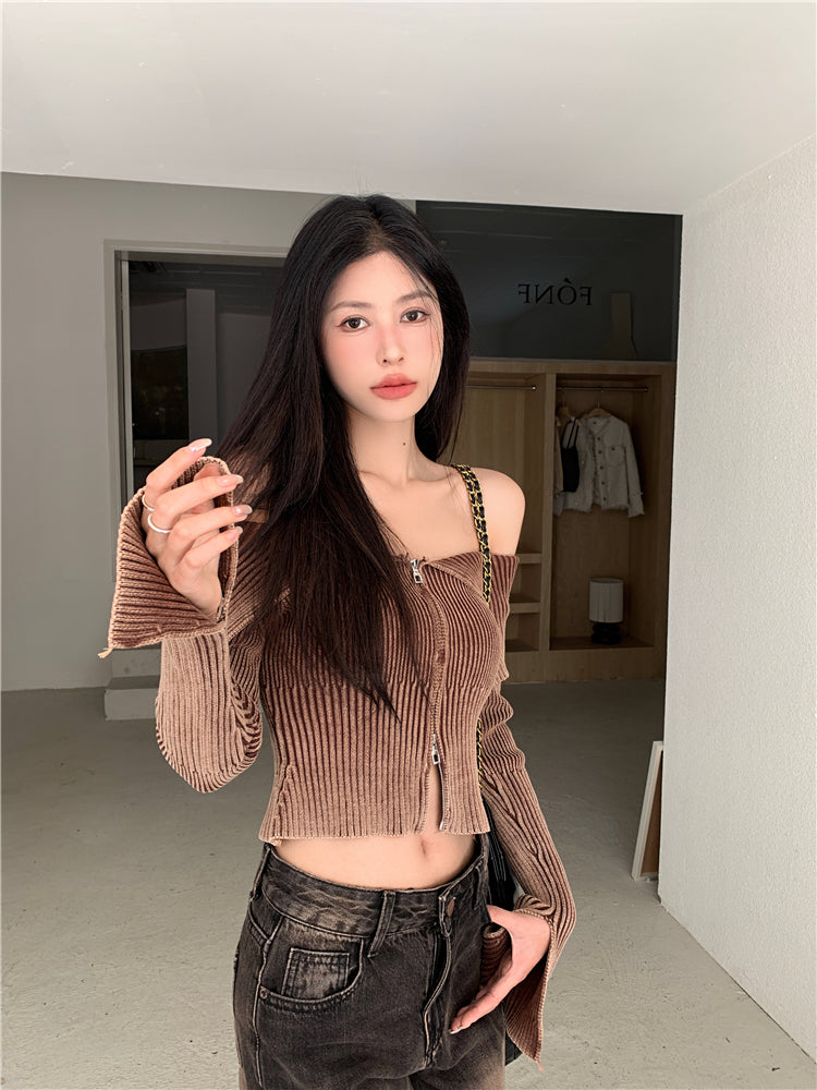Off Shoulder Zip up Knitted Top - INTOHYPEZONE