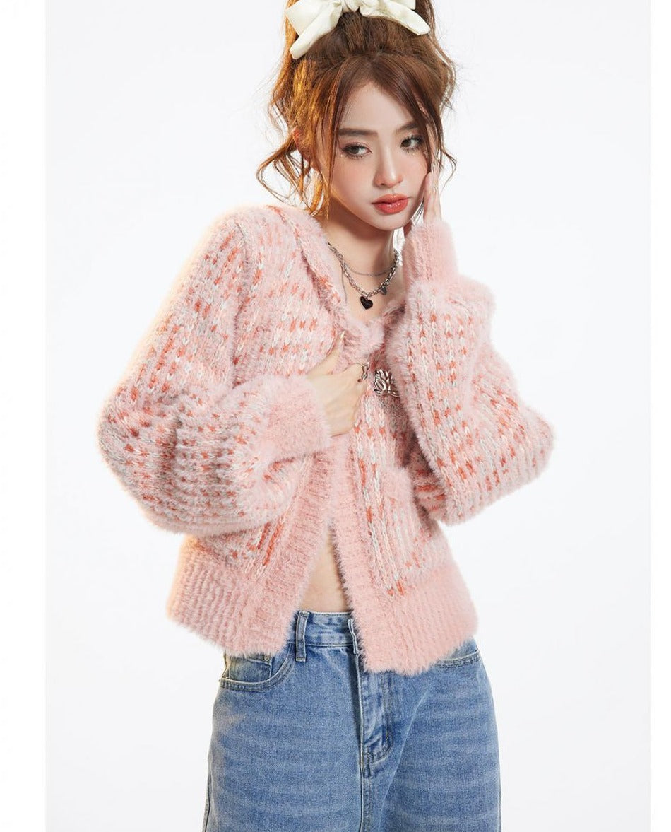 Pink Casual Appliques Knitted Long Sleeve Cardigan - INTOHYPEZONE