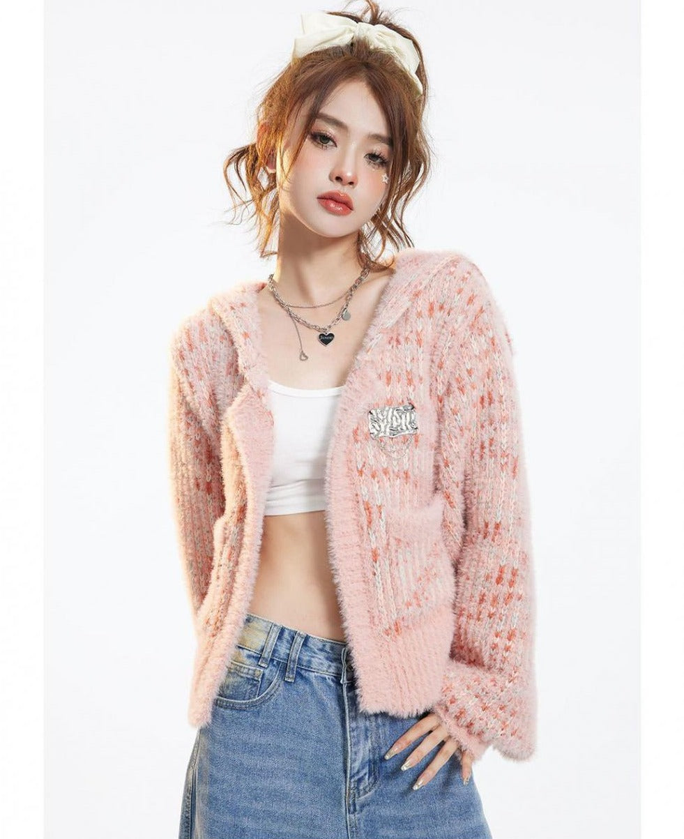 Pink Casual Appliques Knitted Long Sleeve Cardigan - INTOHYPEZONE