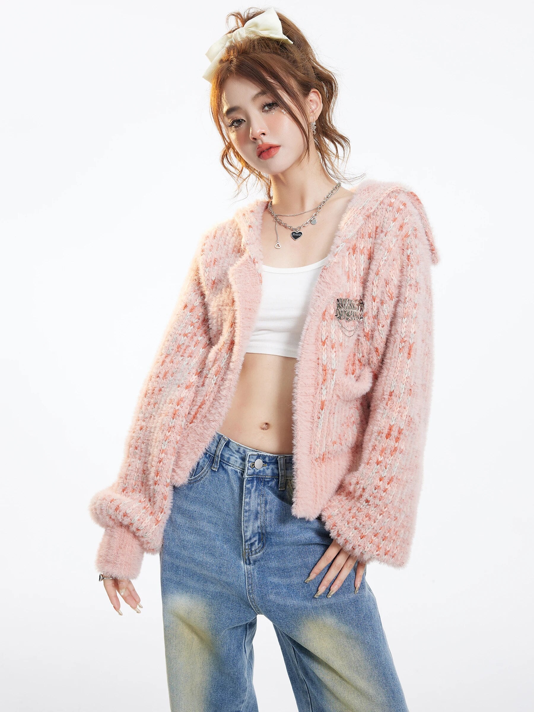 Pink Casual Appliques Knitted Long Sleeve Cardigan - INTOHYPEZONE
