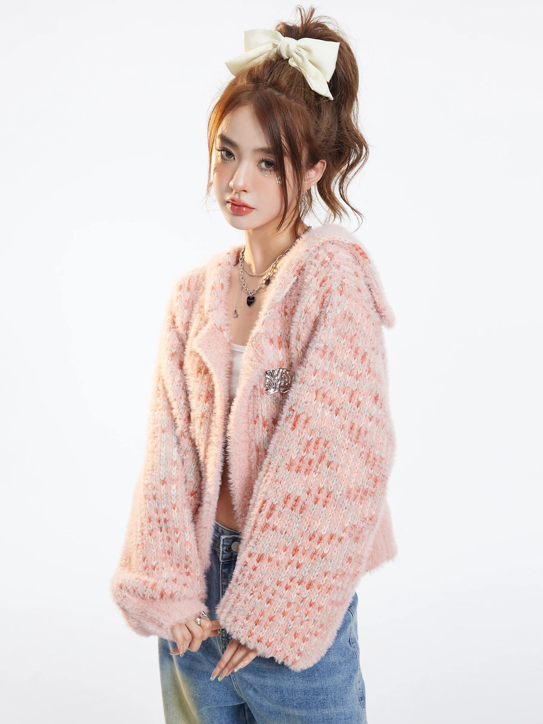 Pink Casual Appliques Knitted Long Sleeve Cardigan - INTOHYPEZONE