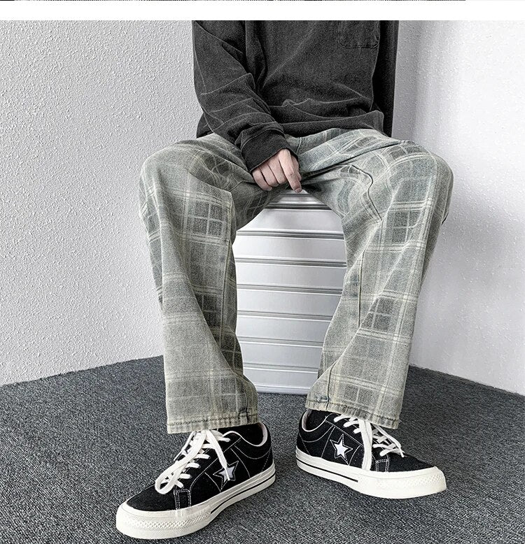 Plaid Jeans Denim Pants - INTOHYPEZONE