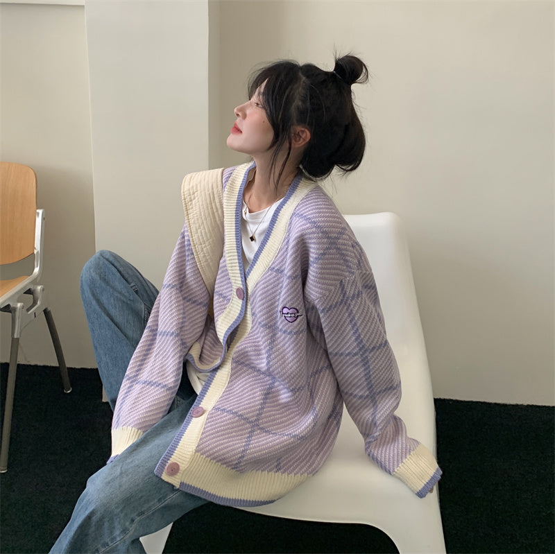 Purple Plaid Oversized Cardigan - INTOHYPEZONE