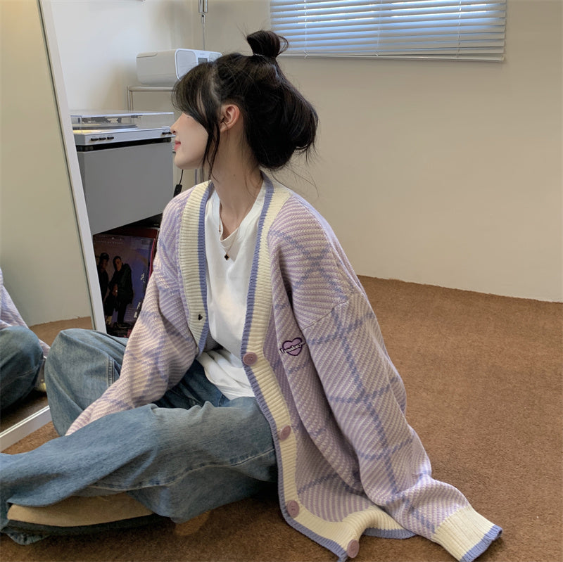Purple Plaid Oversized Cardigan - INTOHYPEZONE