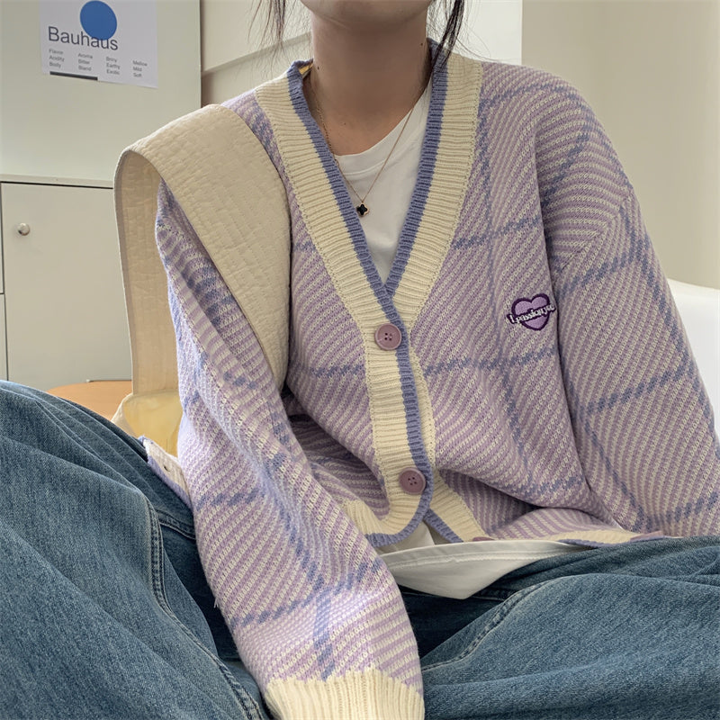 Purple Plaid Oversized Cardigan - INTOHYPEZONE