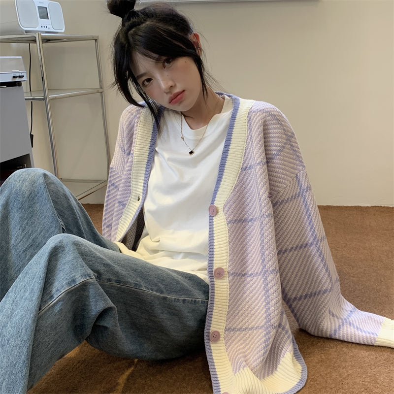 Purple Plaid Oversized Cardigan - INTOHYPEZONE