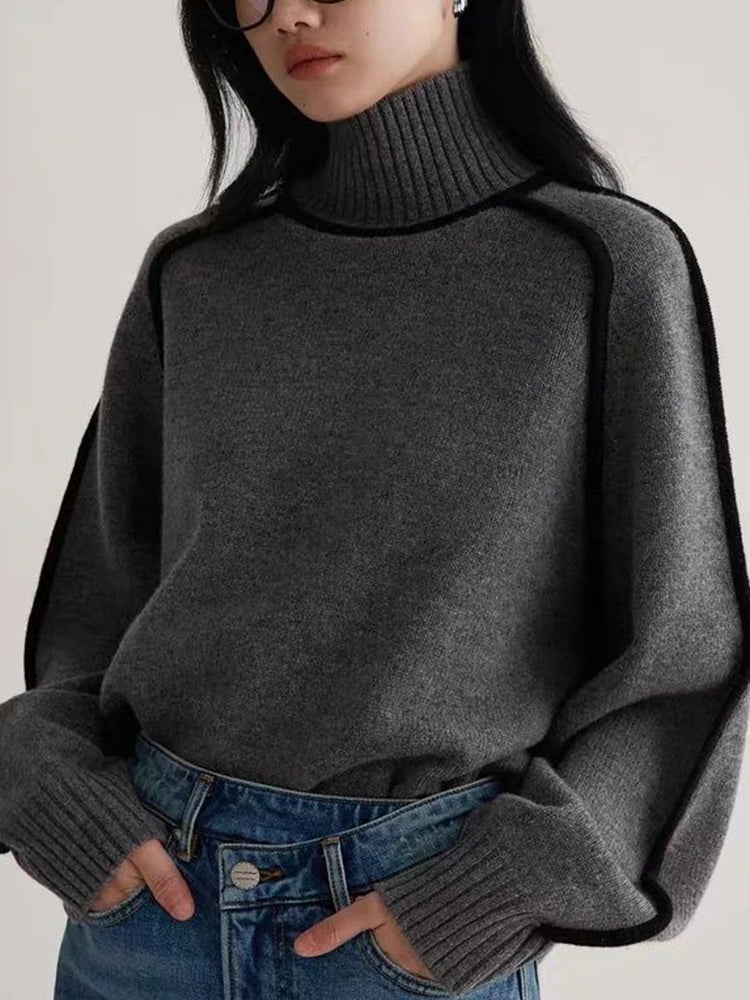 High Neck Contrast Line Knitted Sweater - INTOHYPEZONE